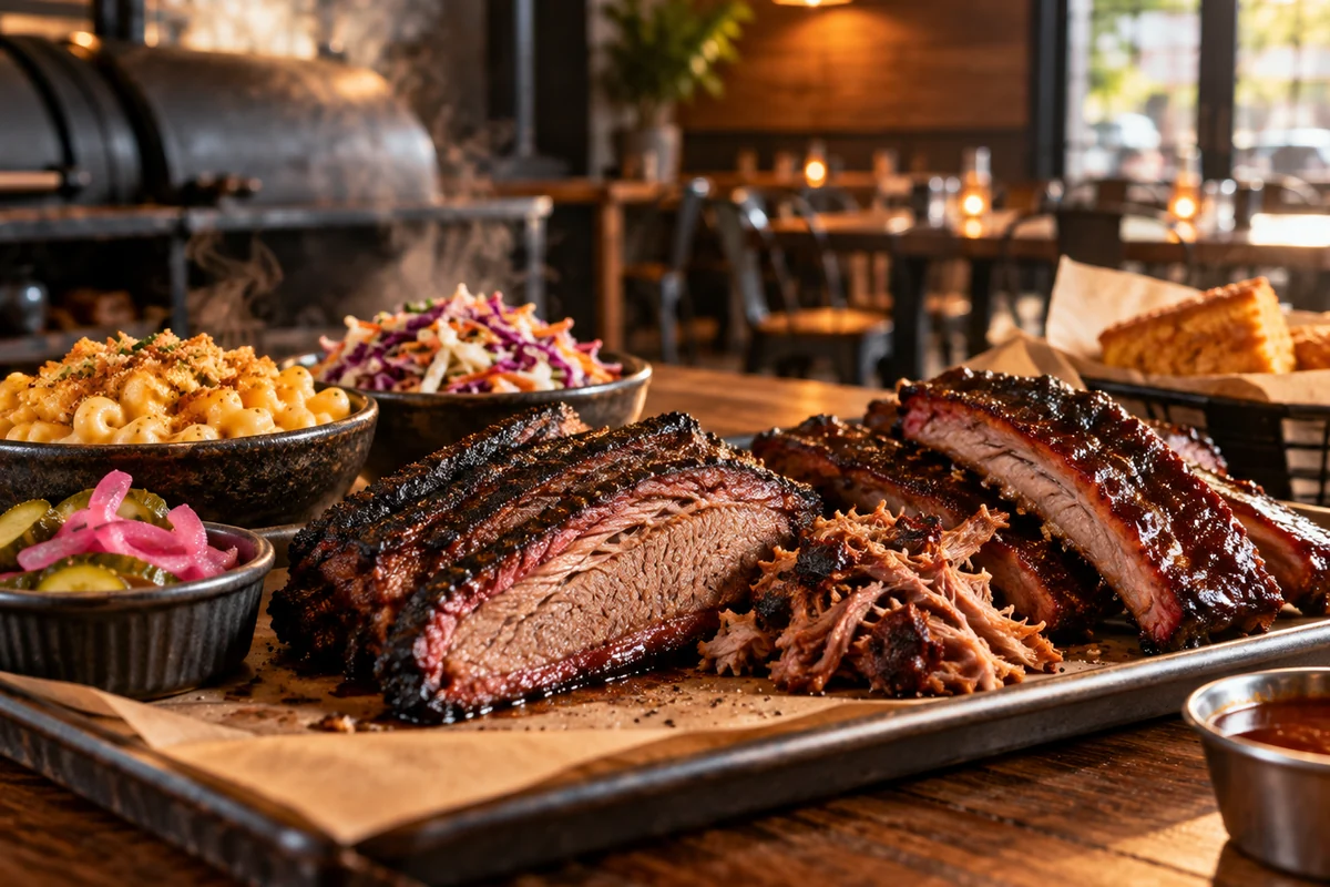 Illustrative smoked barbecue platter for a restaurant concept study