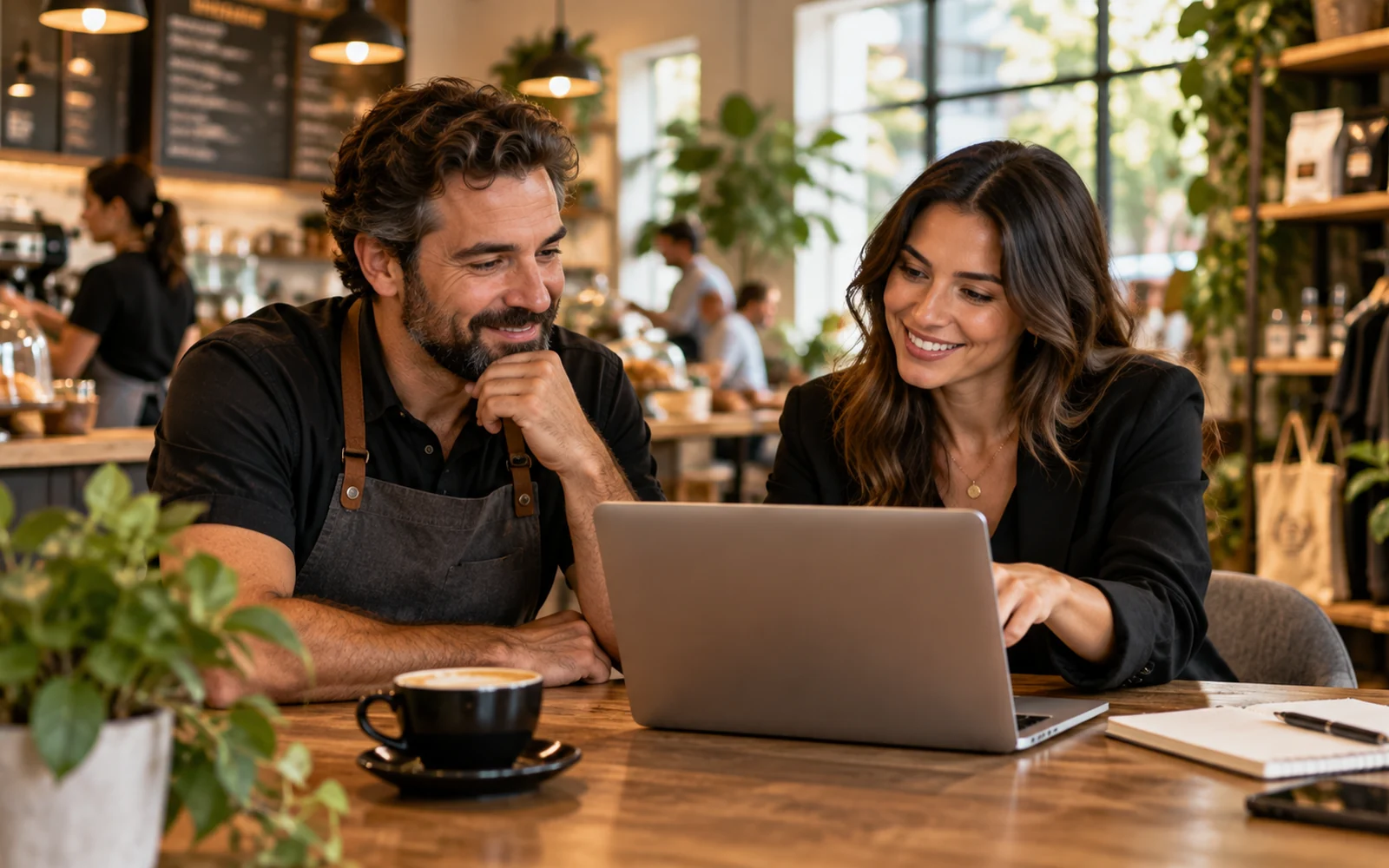 Small business owner reviewing a website strategy with a digital consultant in a local cafe